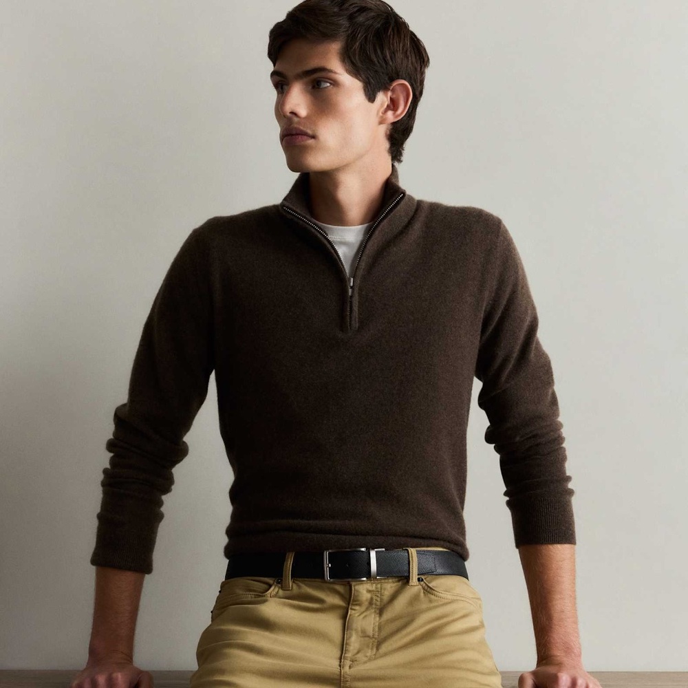 NWT QUINCE Men's Mongolian Cashmere Quarter Zip Sweater Size Medium Brown
